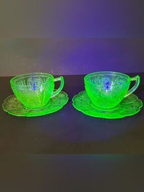 Vintage Jeannette Cherry Blossom Uranium Glass Cup & Saucer Set Pair of 2